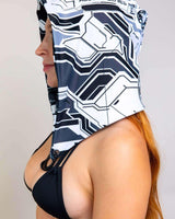 Mechanoid Reversible Hood in black and white design, perfect for rave outfits, featuring a weighted chain for secure fit.