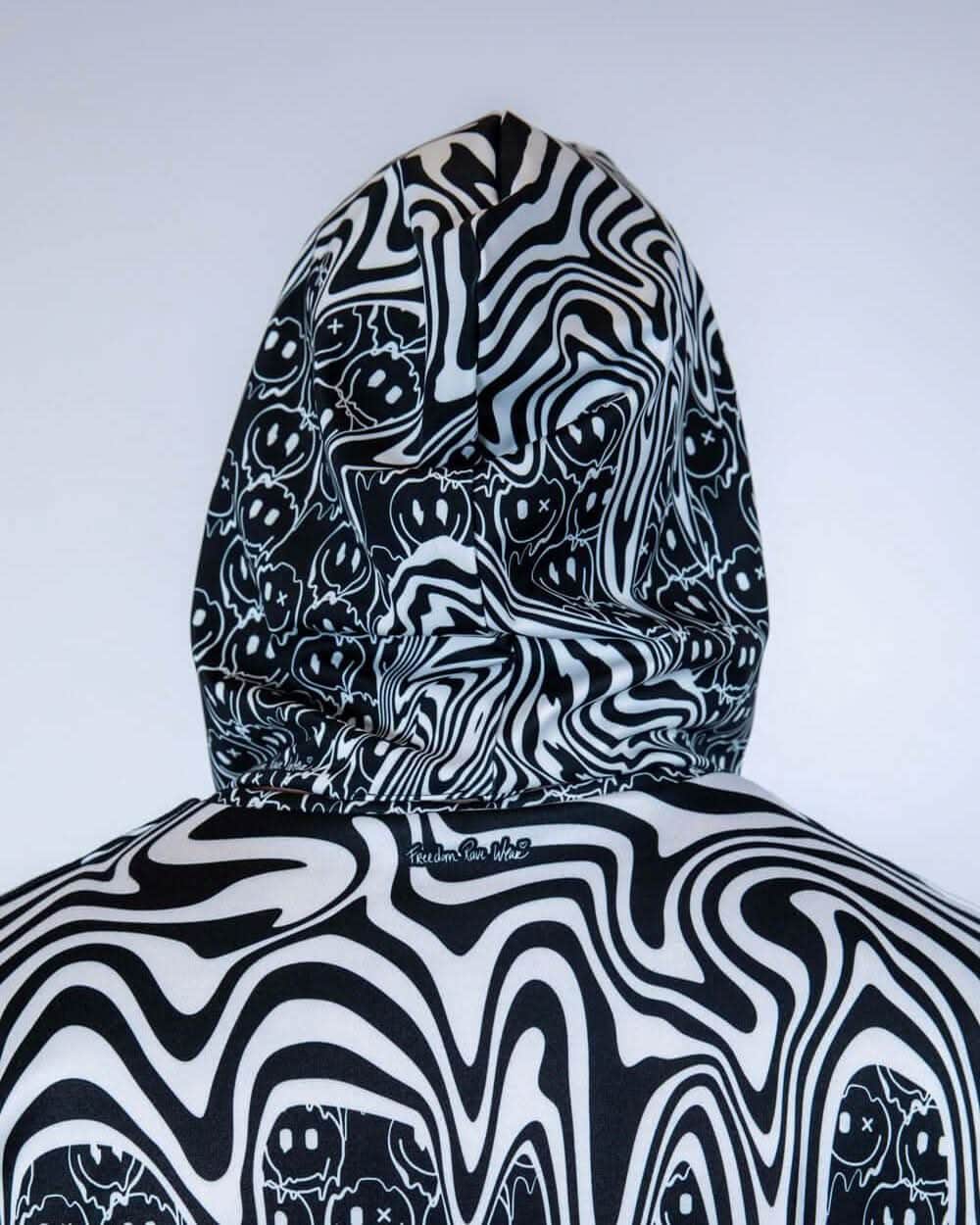 Back view of the Meltdown Assassin Hood, showcasing the full melty graphic pattern and hood shape.