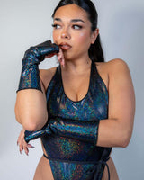 Black sparkle Midnight Gloves styled with a chic outfit, perfect for rave outfits and ultimate comfort.
