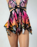 Monarch Fairy Skirt featuring butterfly print in vibrant colors, perfect for rave outfits and playful fashion.