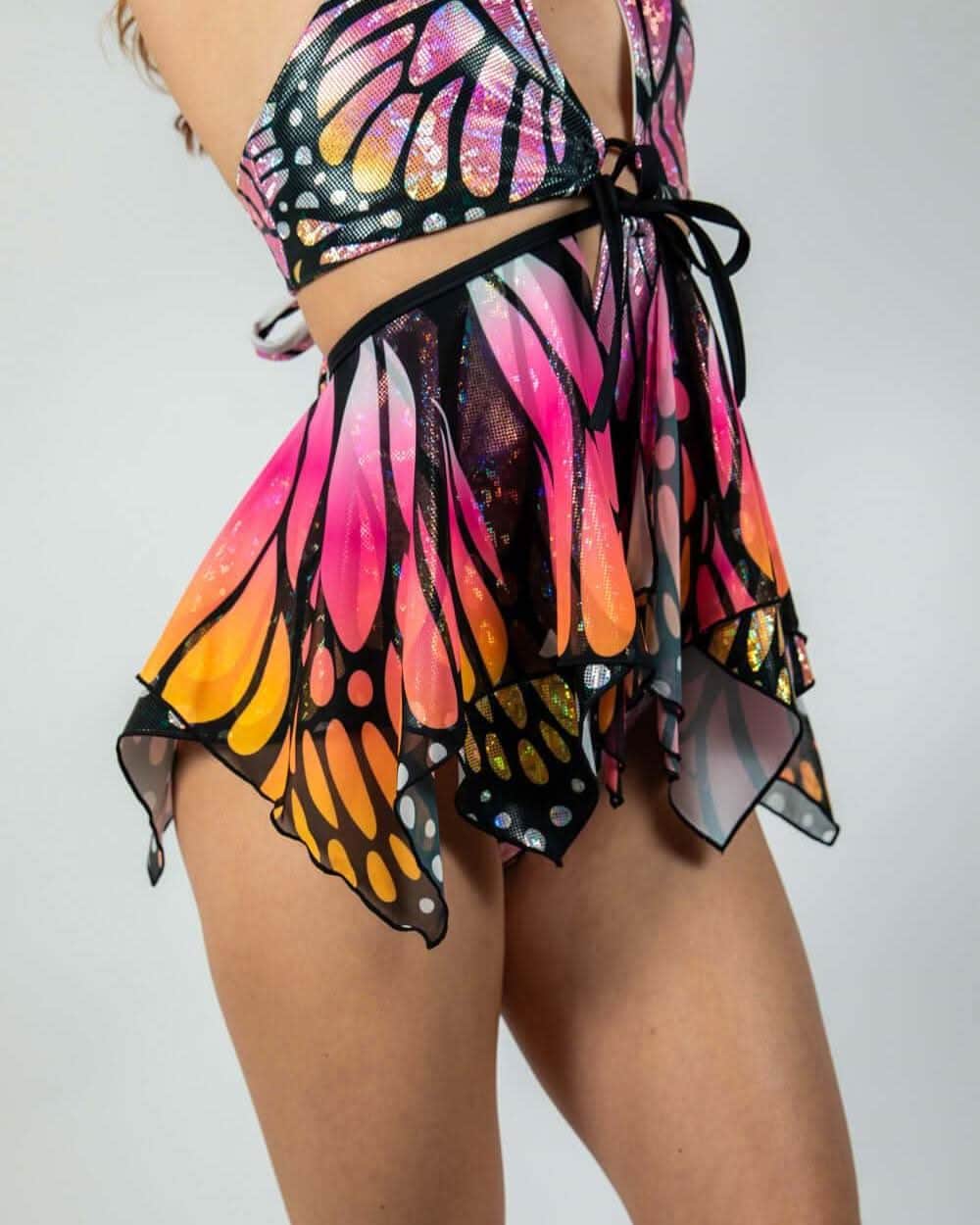 Monarch Fairy Skirt with vibrant butterfly design, UV reactive fabric, perfect for rave outfits and playful festival fashion.