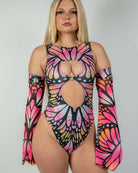 Monarch Keyhole Bodysuit featuring vibrant butterfly design, perfect for rave outfits and unique fashion statement.