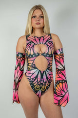 Monarch Keyhole Bodysuit featuring vibrant butterfly design, perfect for rave outfits and unique fashion statement.