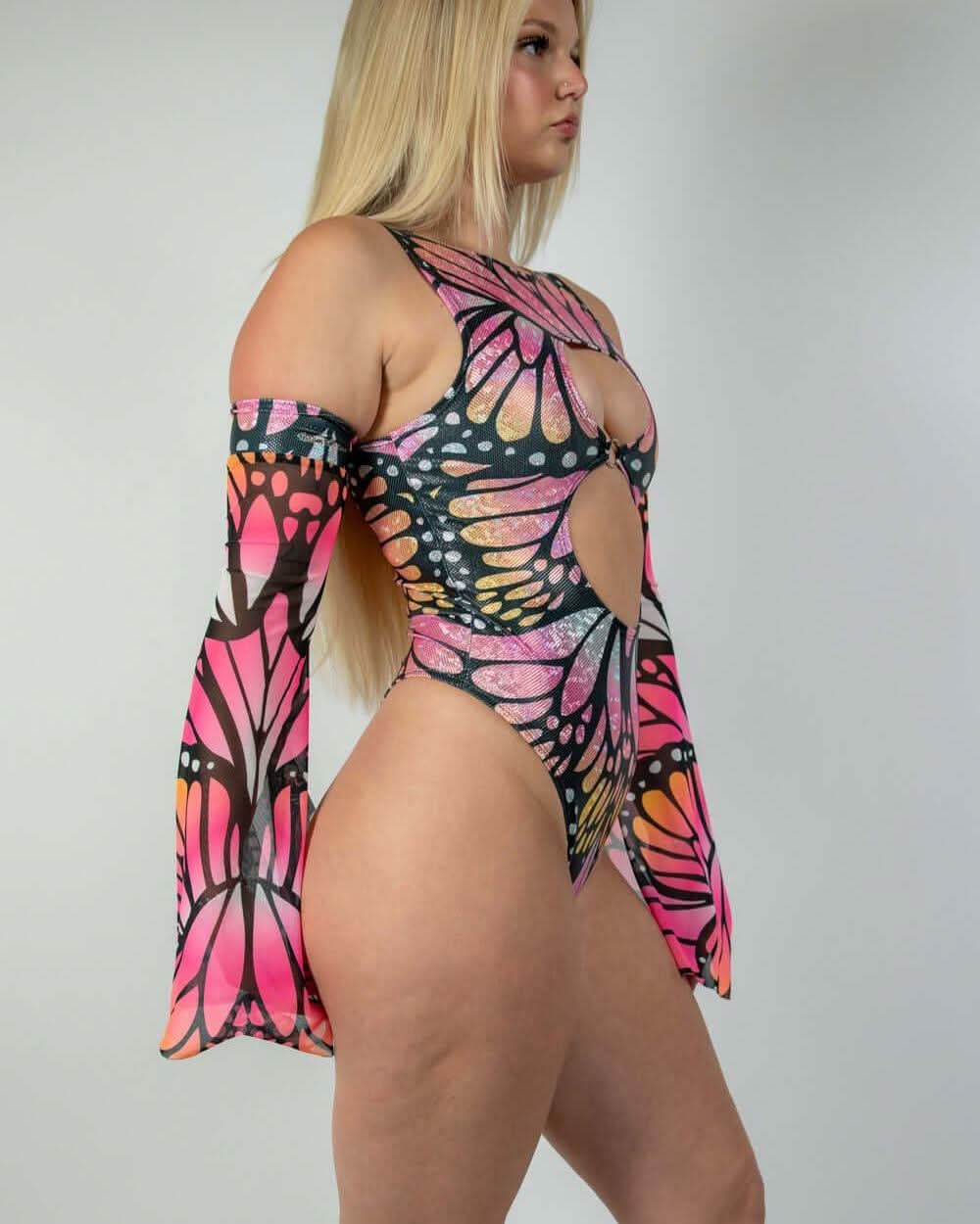 Monarch Keyhole Bodysuit in neon pink and orange butterfly design, perfect for rave outfits and rave clothing.