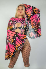 Model wearing vibrant Monarch Mesh Bell Sleeves with butterfly print, styled for rave outfits and eye-catching appeal.