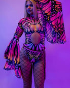 Model showcasing Monarch Mesh Bell Sleeves with neon butterfly design, perfect for rave outfits and colorful rave clothing.