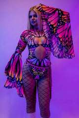 Model showcasing Monarch Mesh Bell Sleeves with neon butterfly design, perfect for rave outfits and colorful rave clothing.