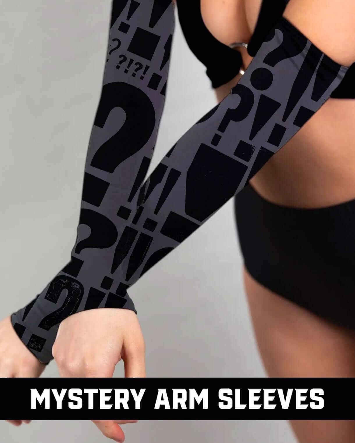 Mystery Arm Sleeves featuring a bold question mark design, perfect for rave outfits, handmade in San Diego, CA.