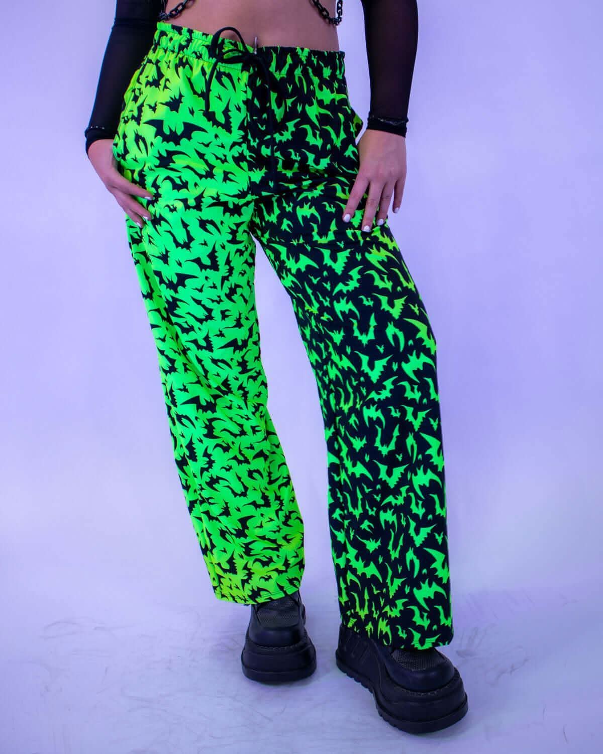 OG Batty 50/50 Lucy Pants - UV Green featuring neon lime and black bat silhouettes