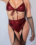 Red sparkly Phoenix Wrap Bikini Top perfect for raves, featuring adjustable tie straps and soft stretchy material.
