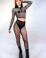 Model wearing Play with Fire 2 Piece Fishnet Set, showcasing a sexy long sleeve design perfect for rave outfits.