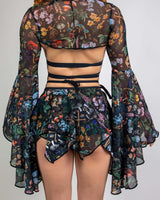 Poison Mesh Bell Sleeves with vibrant skull and floral print, perfect for rave outfits and festival fashion.