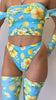 Video of Freedom Rave Wear's high-waisted bottoms, crop top, and matching arm and leg sleeves in blue with vibrant yellow floral pattern.