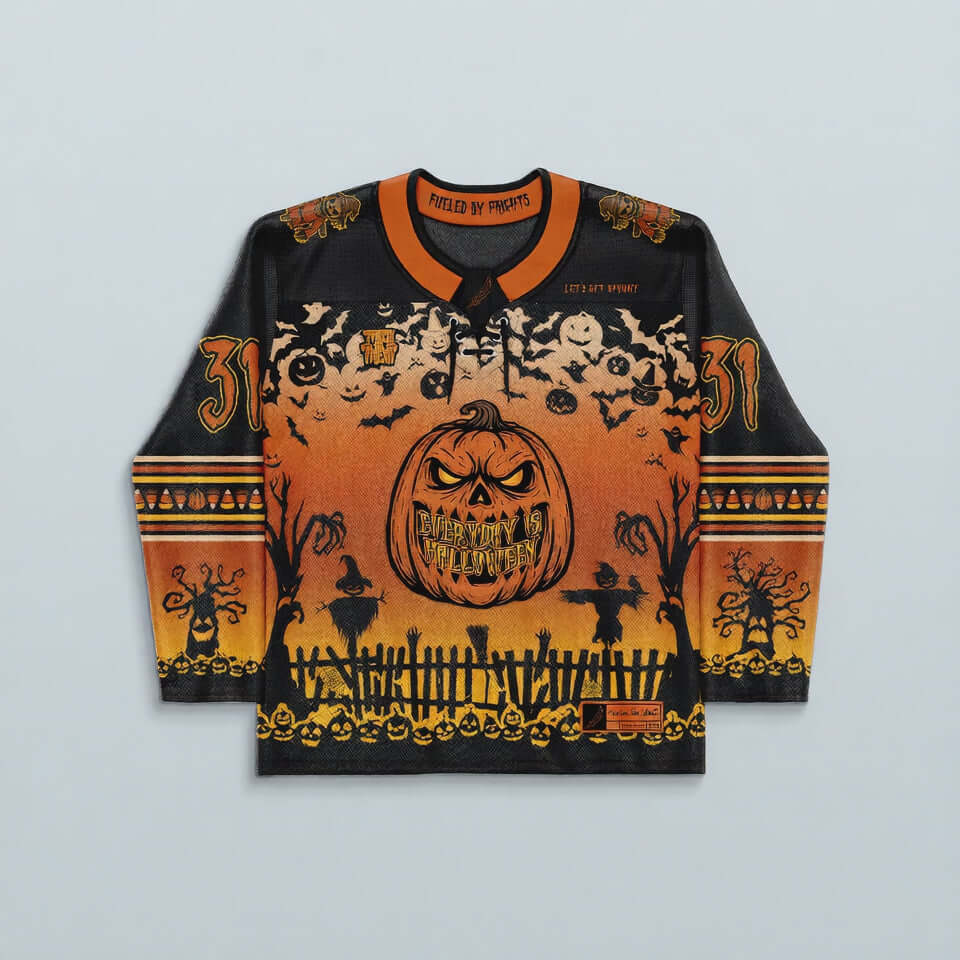 Spooky Szn Hockey Jersey - Limited Editon featuring Halloween designs and vibrant colors, perfect for seasonal rave outfits.