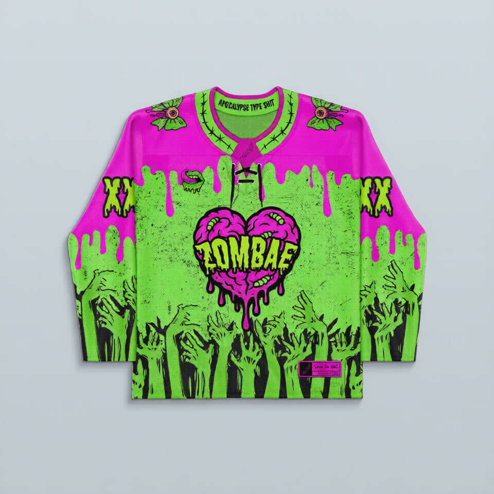 Zombae Hockey Jersey - Limited Editon featuring neon green and hot pink colors with zombie hand designs for rave outfits.