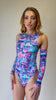 Freedom Rave Wear high-neck bodysuit with vibrant mushroom print, and separate matching arm sleeves, perfect for rave and festival fashion.