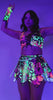 Model wearing a vibrant neon Intensity Fairy Skirt and matching top, ideal for rave outfits and festival fun.