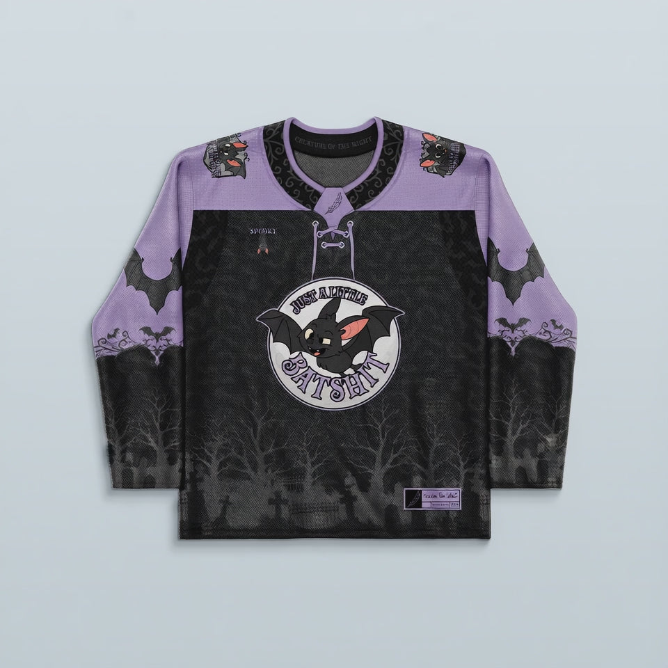 Batshit Hockey Jersey - Limited Editon featuring a shadowy graveyard and bats design, perfect for rave outfits.