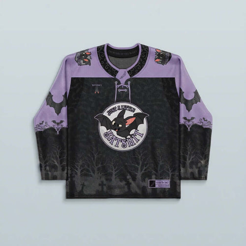 Batshit Hockey Jersey - Limited Editon featuring a shadowy graveyard and bats design, perfect for rave outfits.