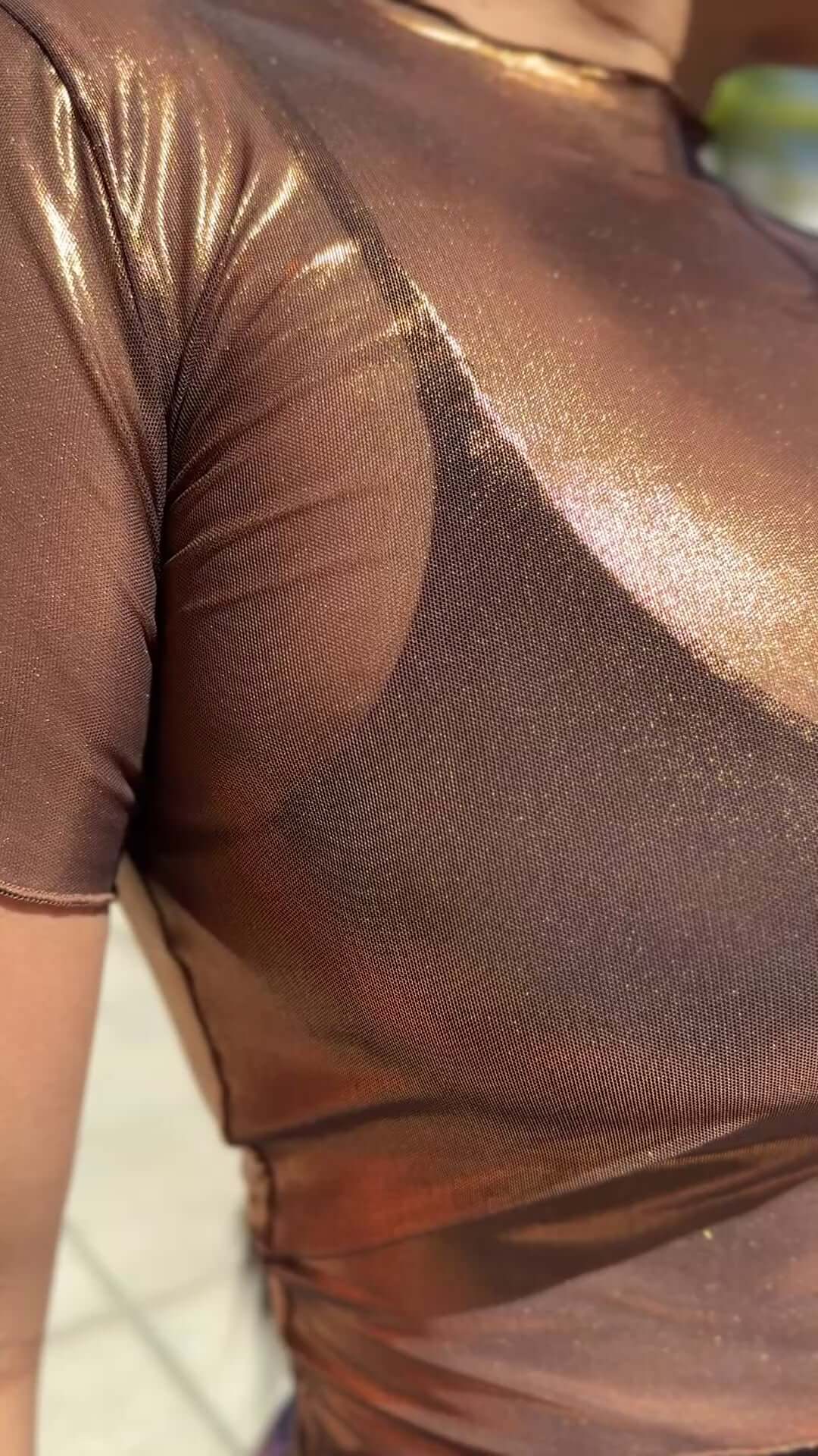 Carmel Mesh Baby Tee showcasing metallic shimmer ideal for rave outfits and stylish looks.
