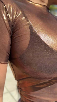 Carmel Mesh Baby Tee showcasing metallic shimmer ideal for rave outfits and stylish looks.