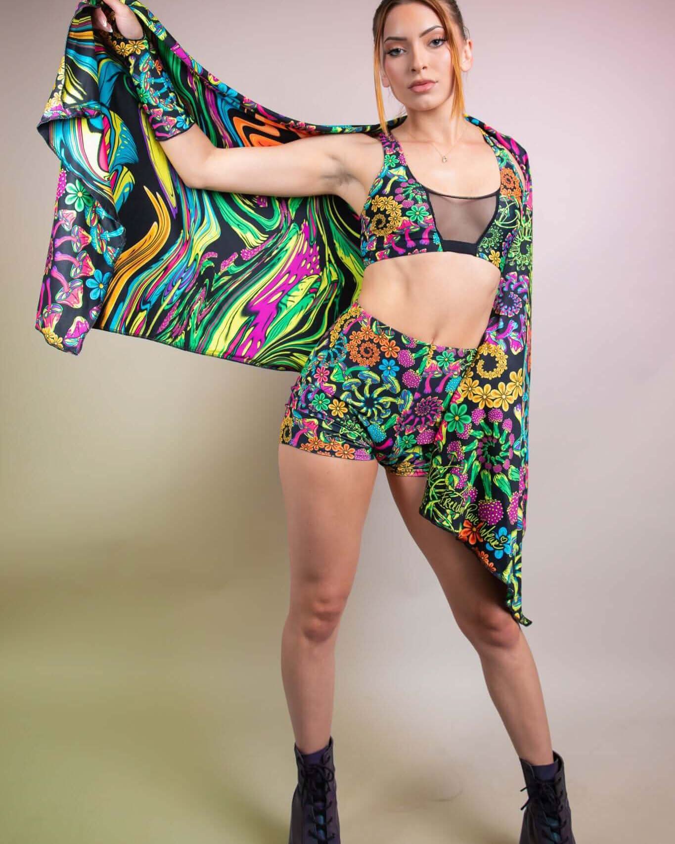 Model showcasing vibrant PsyBloom Festival Scarf styled with colorful rave outfit, perfect for festivals and events.