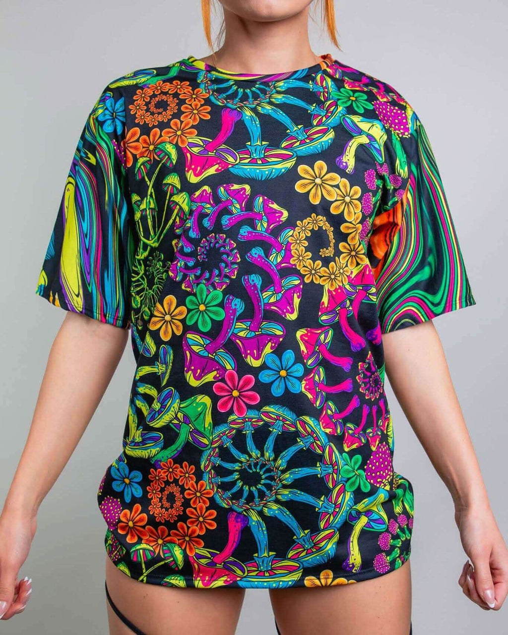 PsyBloom Oversized Tee with vibrant mushroom and floral print, perfect for rave outfits and festivals. Unisex style.
