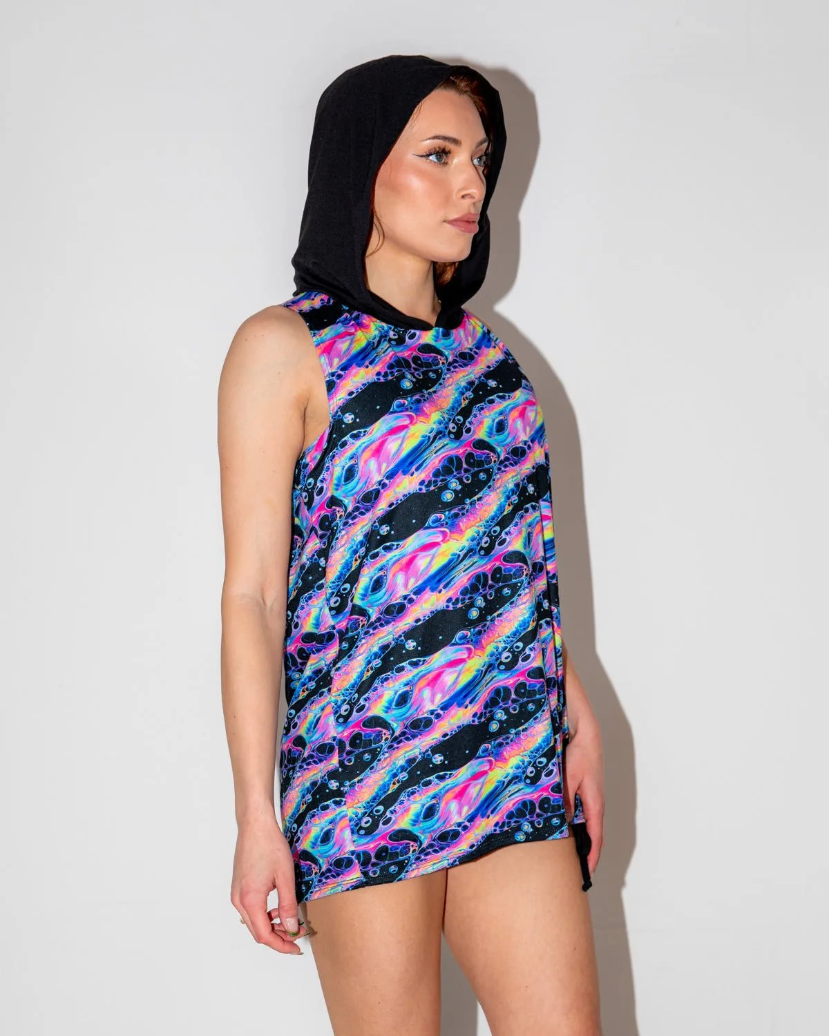 Acid Sky Men's Tank Top with Hood - rave tank top - detail view - Freedom Rave Wear