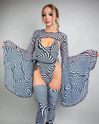 Rave arm sleeves in black white distortion print with dramatic bell sleeves festival outfit side view