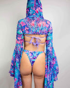 Fairycore mesh rave arm sleeves with hooded bell design in blue pink purple fantasy print back view