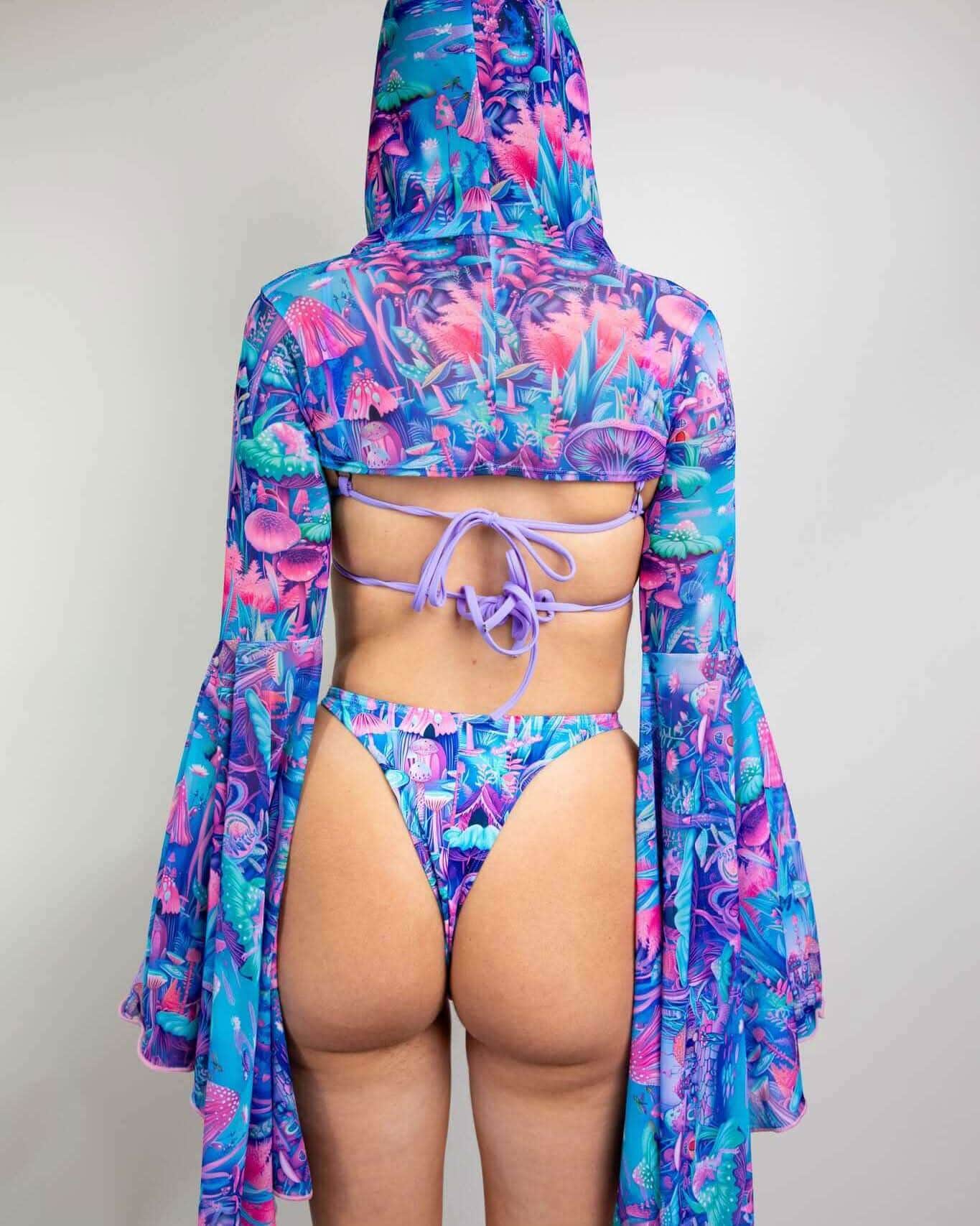 Fairycore mesh rave arm sleeves with hooded bell design in blue pink purple fantasy print back view