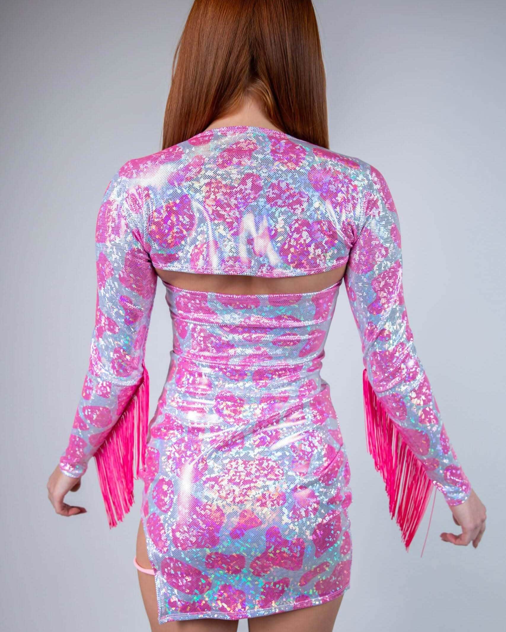 Back view of Strawberry Milkshake rave arm sleeves with pink fringe and sequined festival outfit