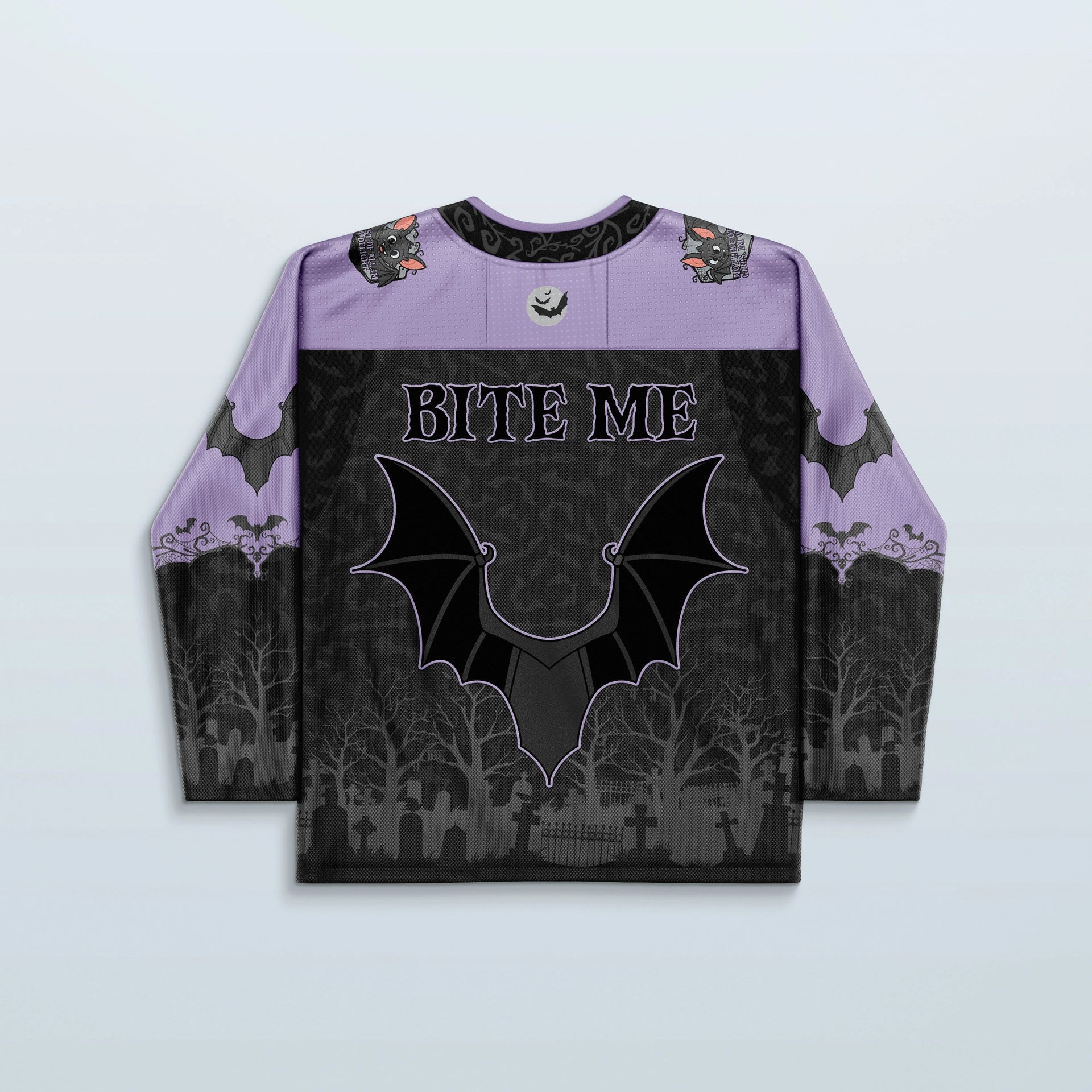 Batshit Hockey Jersey - Limited Editon featuring a 'BITE ME' design with bats and graveyard print.