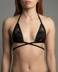Dahlia Wrap Bikini Top in black floral lace, shown front on, perfect for a rave or festival outfit.