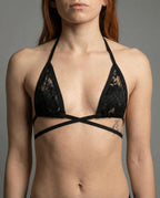 Dahlia Wrap Bikini Top in black floral lace, shown front on, perfect for a rave or festival outfit.