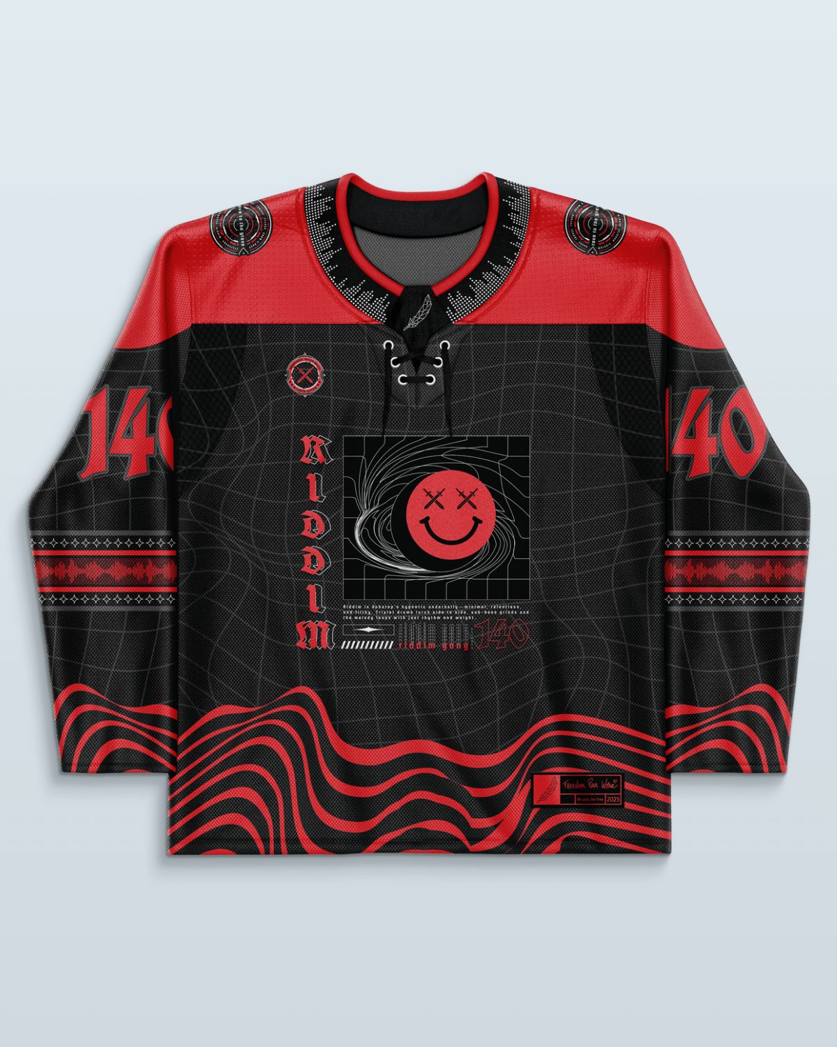 Riddim hockey jersey rave bodysuit alternative in black and red with smiley face logo for festival outfits