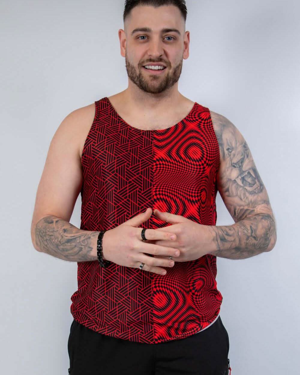 Rave bodysuit inspired Amplitude men's tank top in red black geometric patterns festival outfit front view