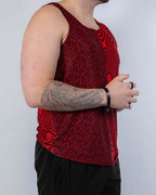 Rave bodysuit style Amplitude men's tank top in red black geometric pattern side view festival outfit