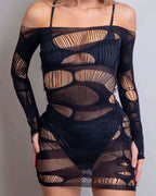 Black Dark Dimensions fishnet rave bodysuit dress with cutout patterns and off-shoulder sleeves front view