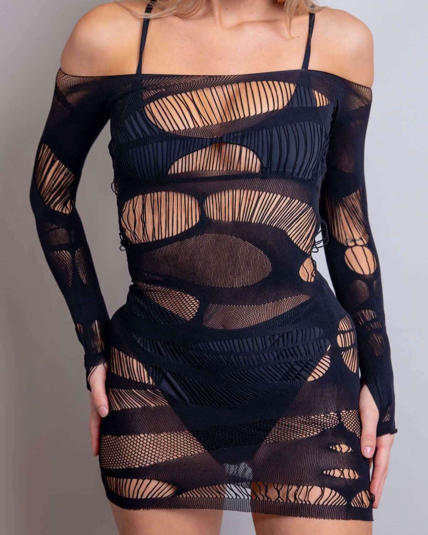 Black Dark Dimensions fishnet rave bodysuit dress with cutout patterns and off-shoulder sleeves front view