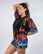 Rave bodysuit style Blaze mesh oversized tee with cosmic flame print festival outfit side view