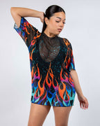 Rave bodysuit style Blaze mesh oversized tee with colorful flame print - festival outfit front view
