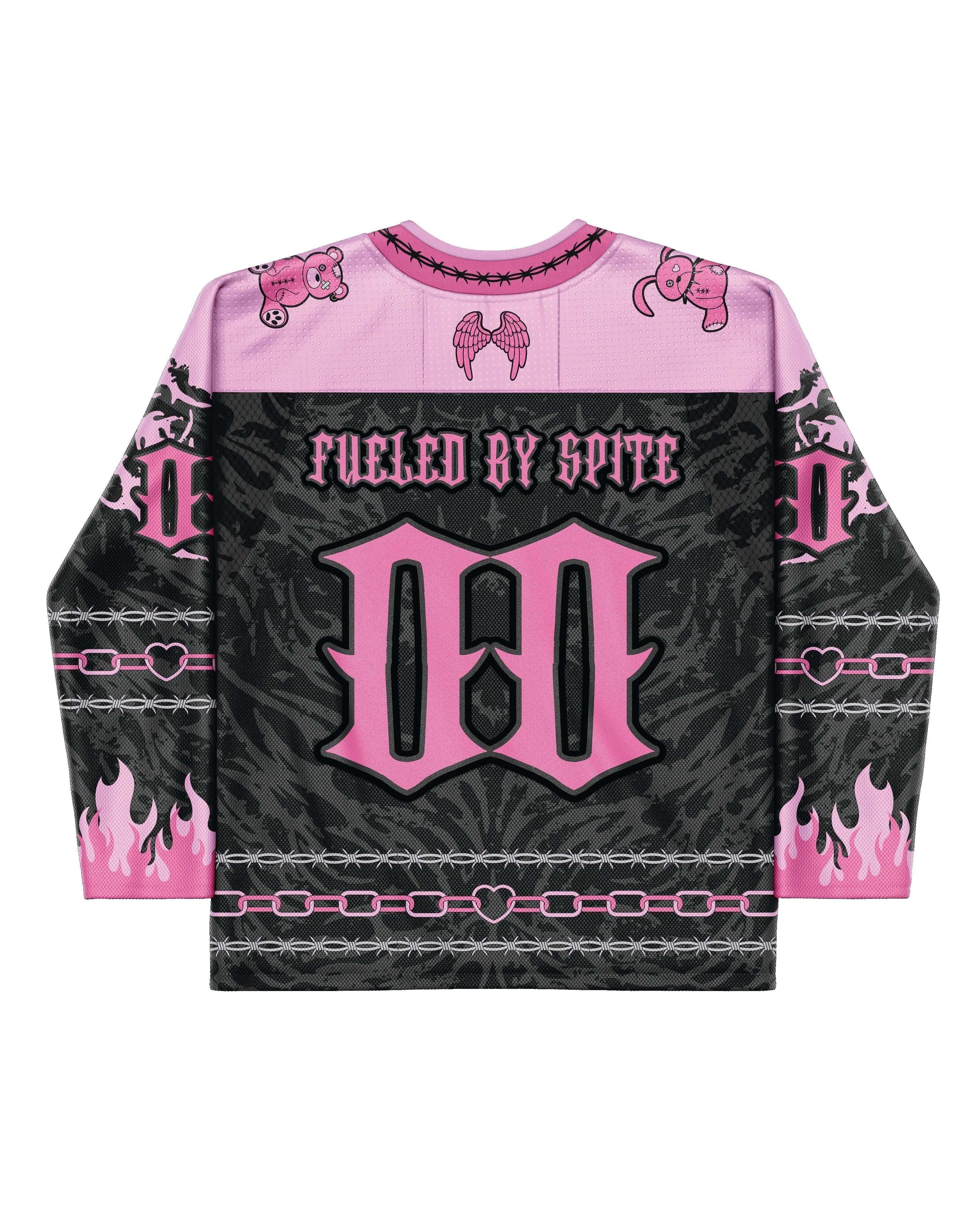 Pink and black Cute But Psycho hockey jersey rave bodysuit front view festival outfit with gothic design