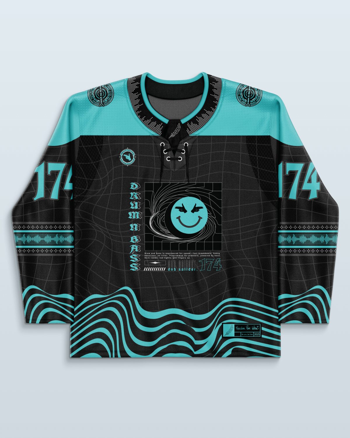 DnB Hockey Jersey rave bodysuit in turquoise and black with grid patterns and wave designs, front view