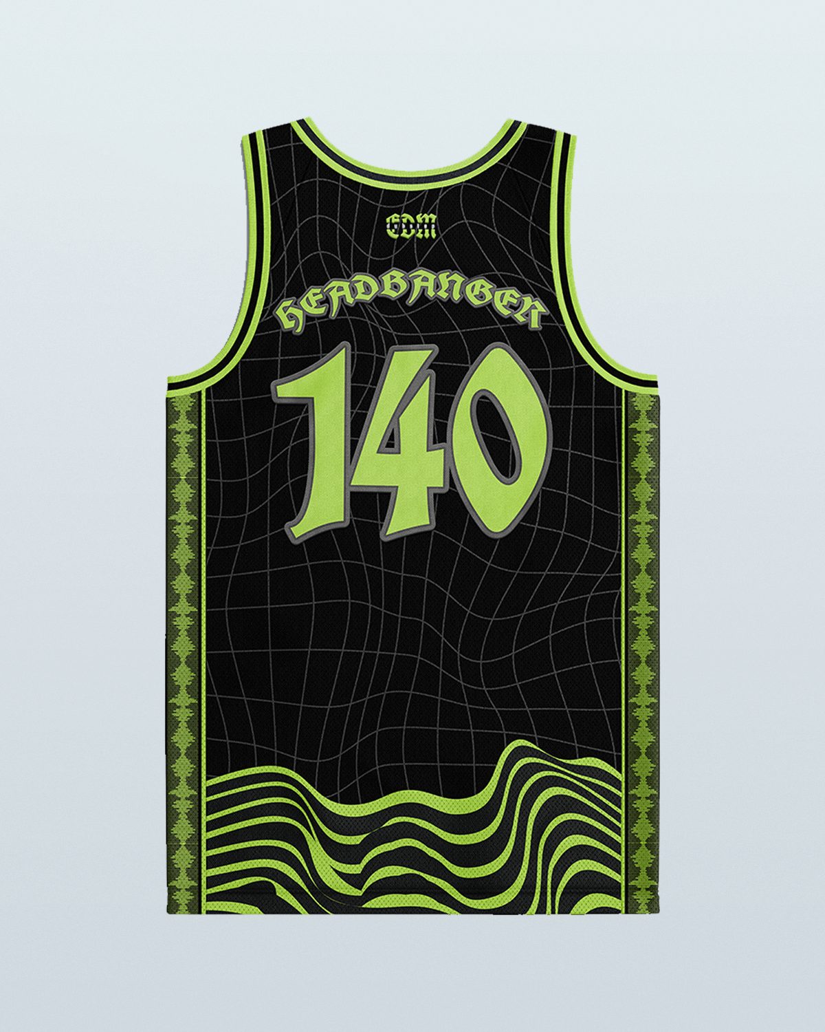 Black rave bodysuit style dubstep basketball jersey with neon green grid pattern for festival outfits