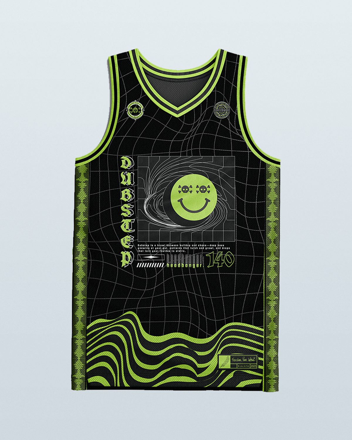 Dubstep basketball jersey rave bodysuit in black with neon green grid pattern and smiley face graphic front view
