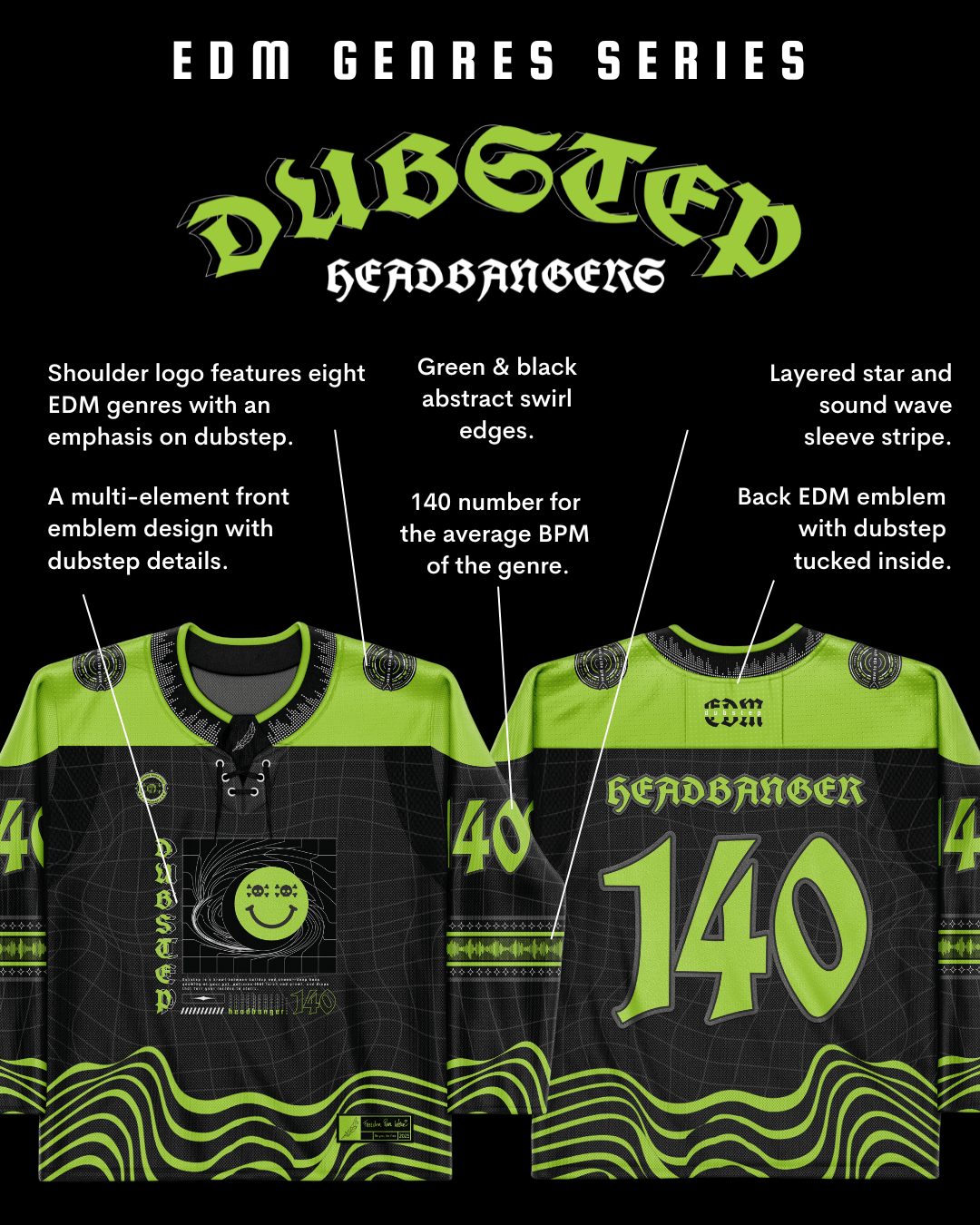 Dubstep hockey jersey rave bodysuit in green and black with EDM genre details and festival wear design elements