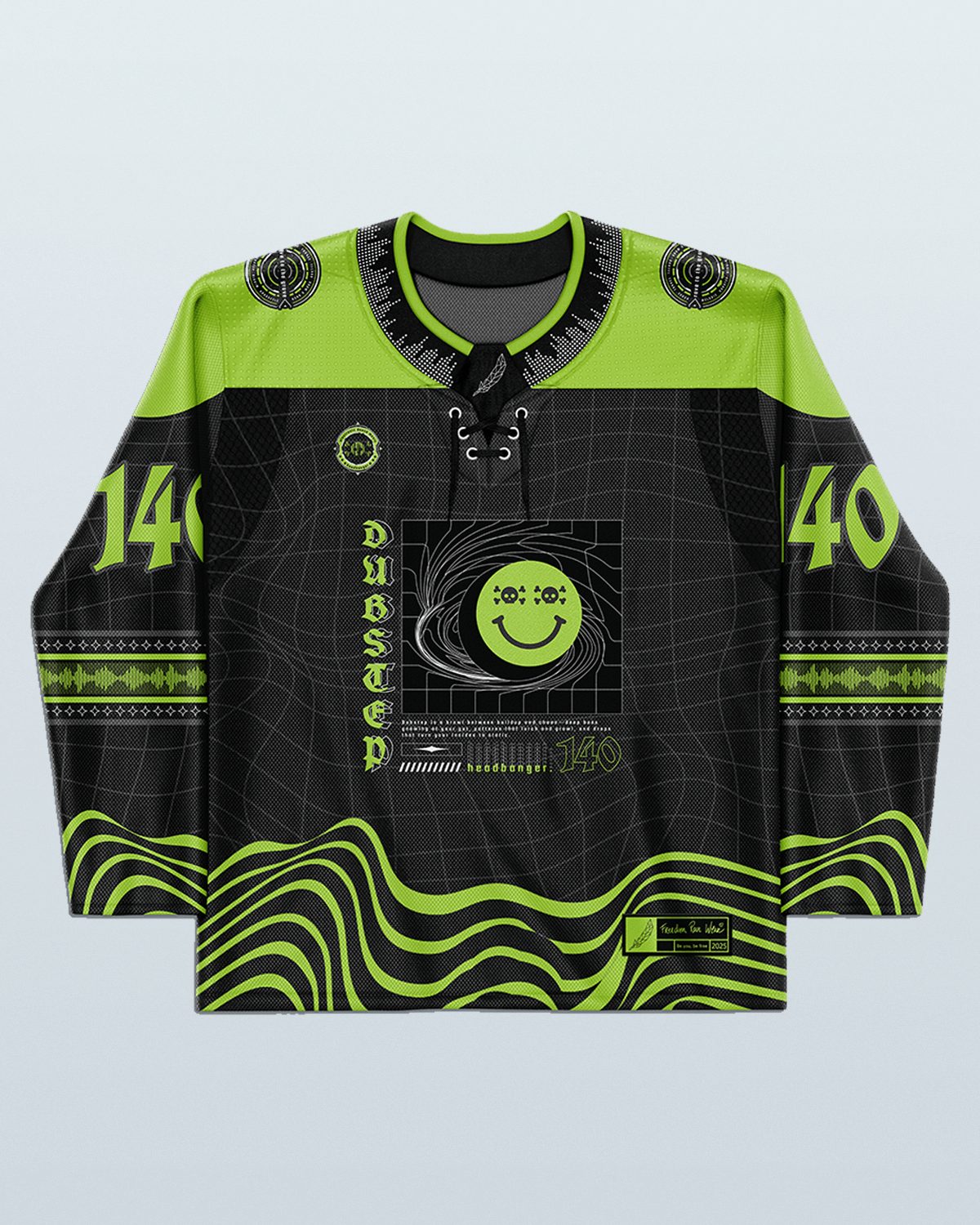 Dubstep hockey jersey rave bodysuit in neon green and black with electronic wave patterns - festival outfit front view