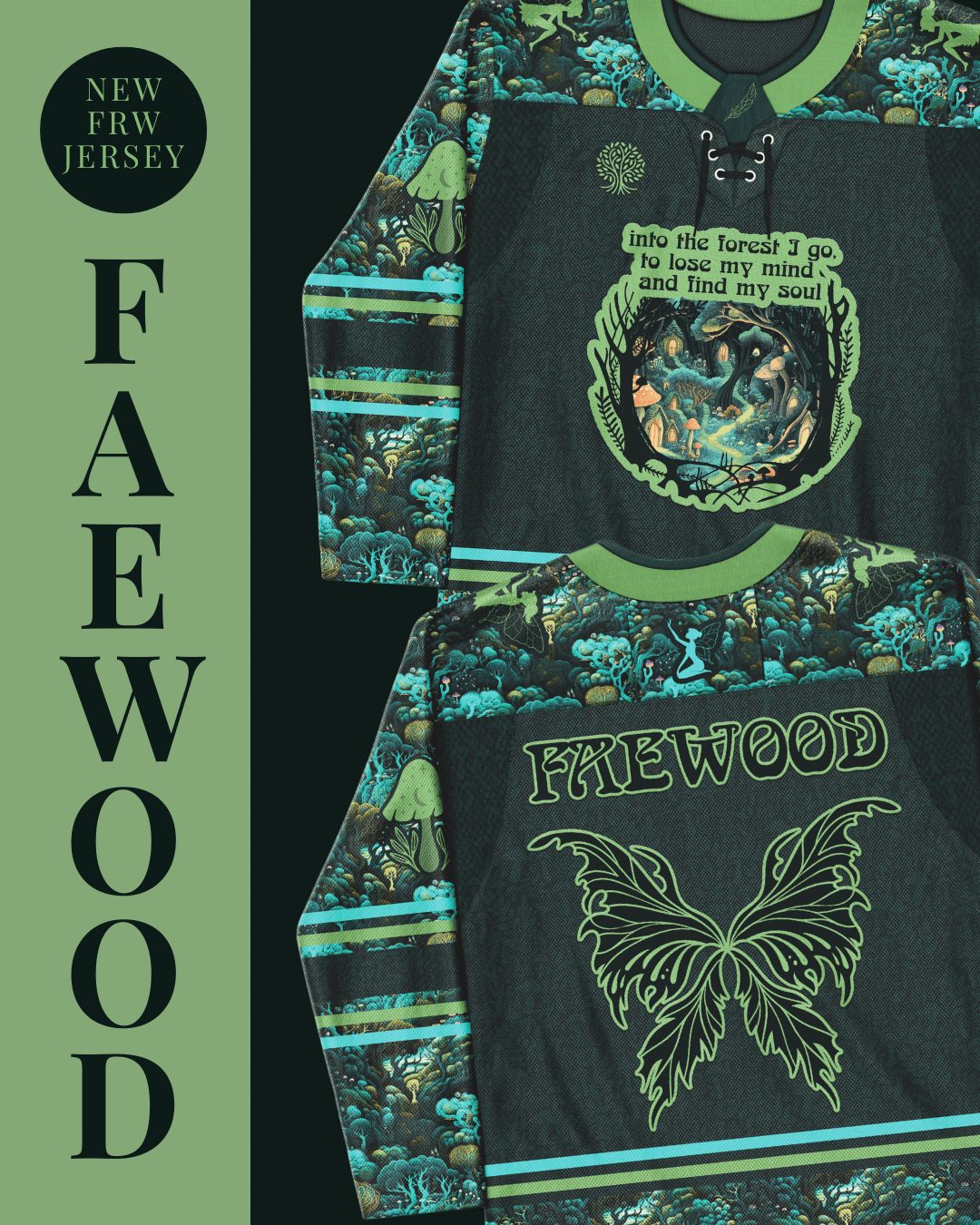 Rave bodysuit inspired Faewood hockey jerseys flat lay showing forest nature graphics and mystical quotes for festival wear