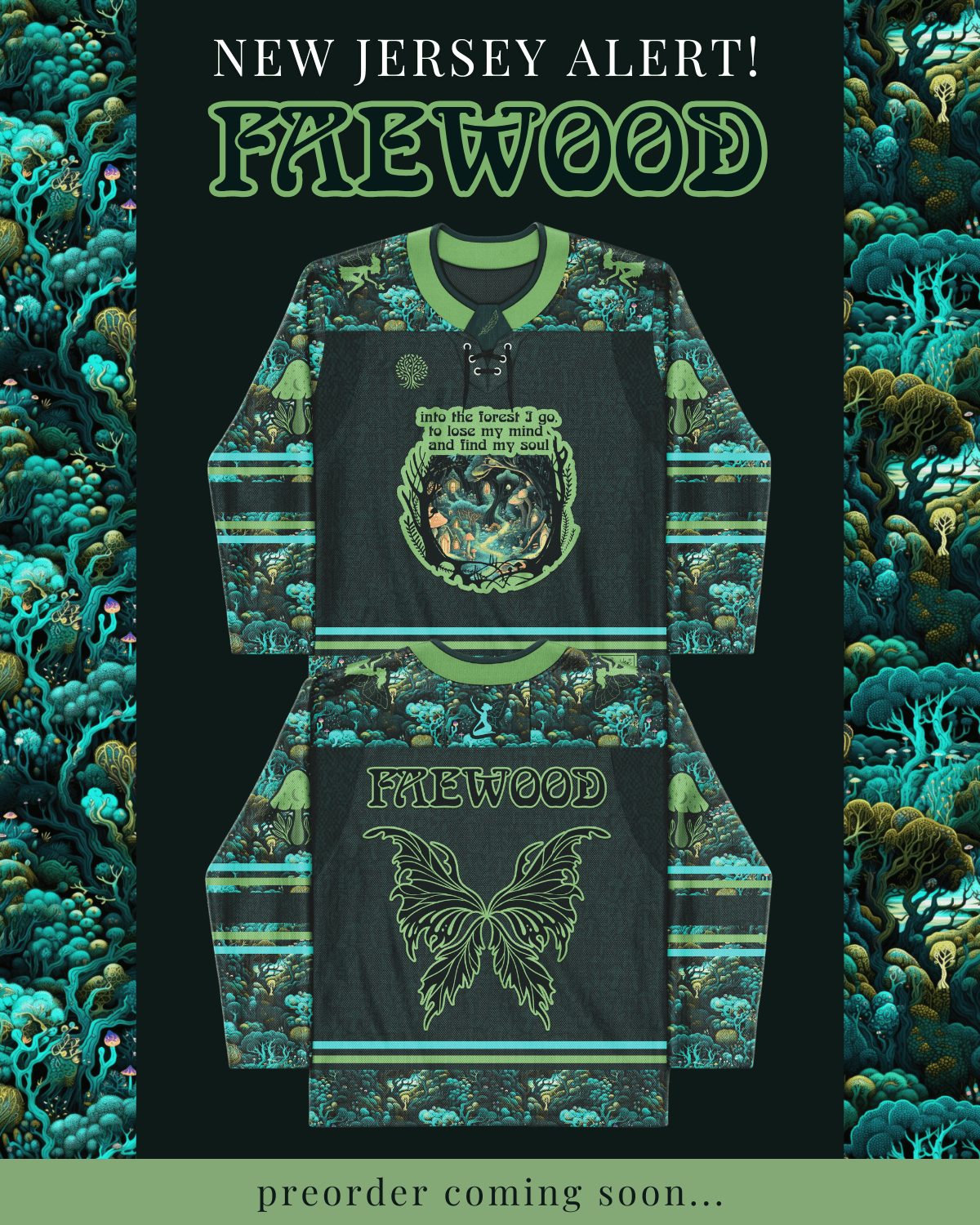 Rave bodysuit style Faewood hockey jersey front and back views with teal forest patterns for festival wear